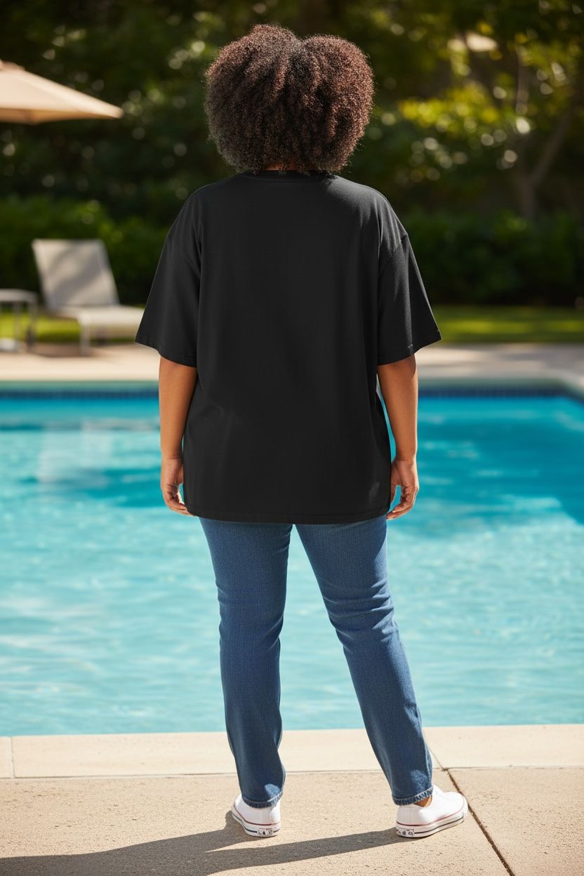 Person wearing a black shirt and blue jeans standing by a pool with greenery in the background