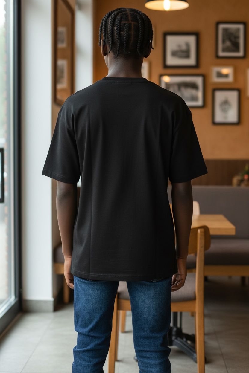 Person wearing a black t-shirt and blue jeans standing in a room with wooden furniture and framed pictures on the wall.