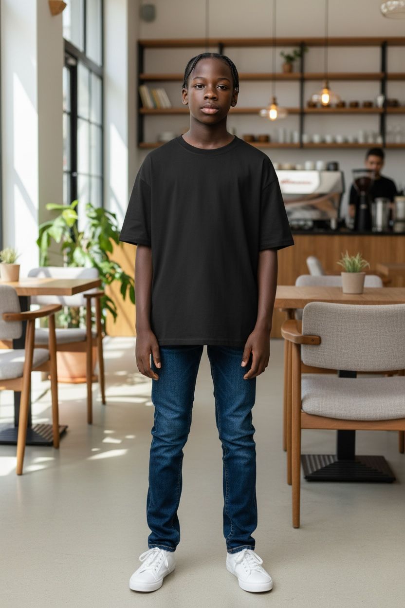 Person wearing a black t-shirt and blue jeans standing in a modern cafe.