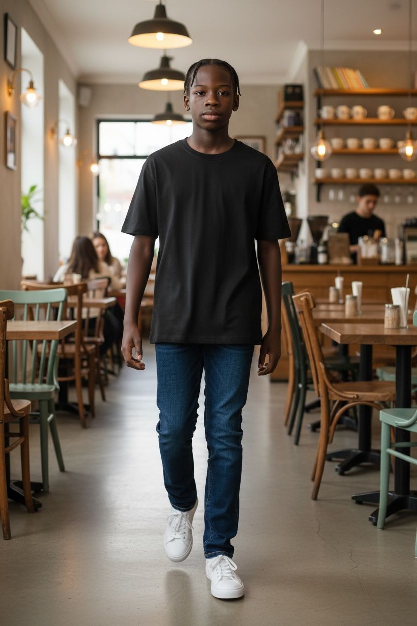 Person wearing a black t-shirt and blue jeans walking through a restaurant.