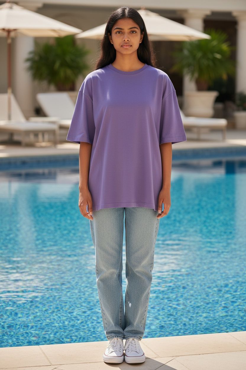 Person wearing a purple oversized shirt and light blue jeans standing by a pool.