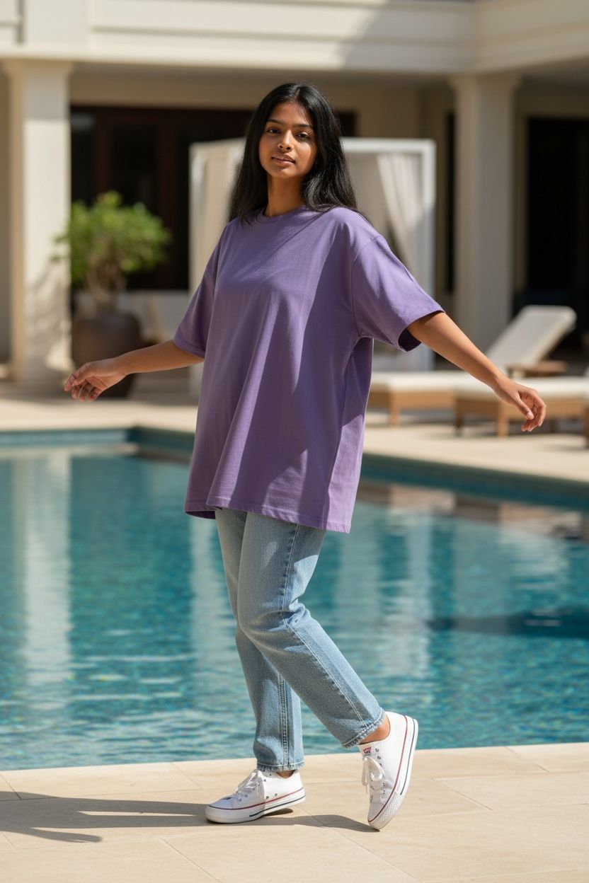 Woman in a purple shirt and light blue jeans standing by a pool.