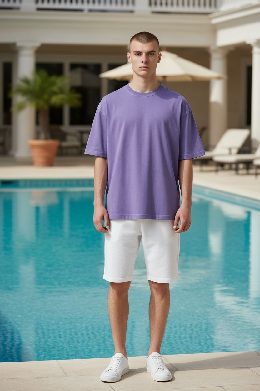 Man wearing a purple t-shirt and white shorts standing by a pool.