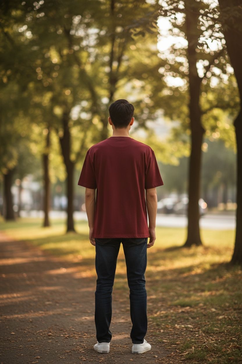 Person wearing a maroon shirt and dark pants standing in a park with trees and a path.