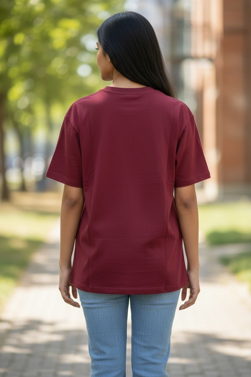 Person wearing a maroon t-shirt and light blue jeans standing outdoors on a path with trees and buildings in the background.
