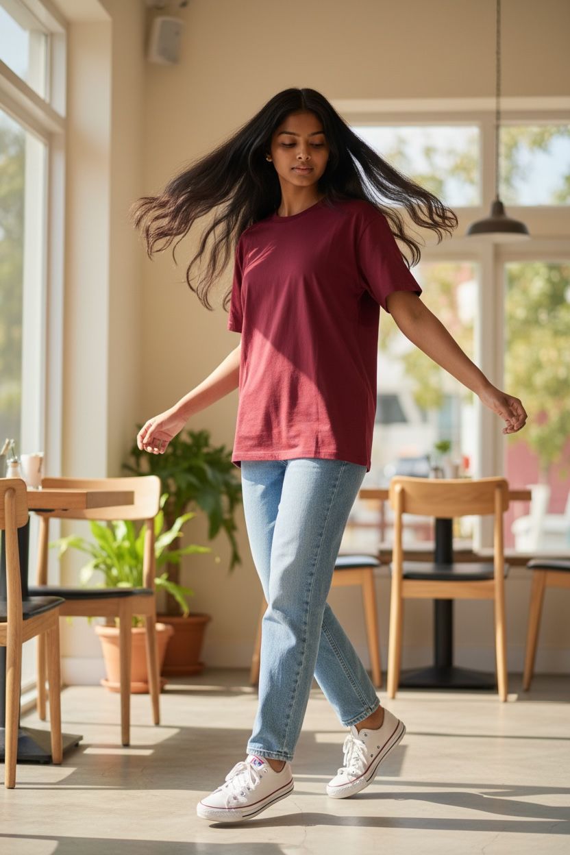 Woman in a casual outfit walking in a modern cafe.