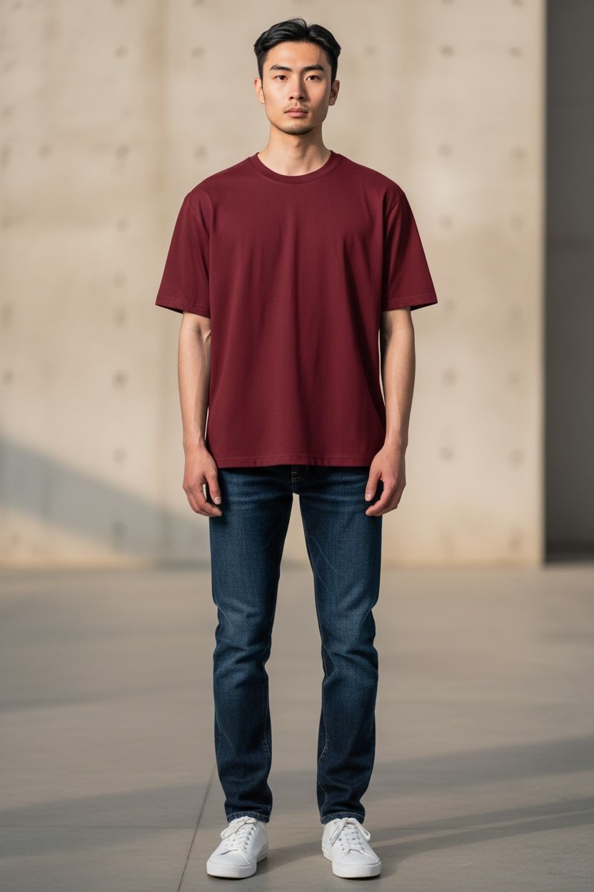 Person wearing a maroon t-shirt and blue jeans standing against a neutral background