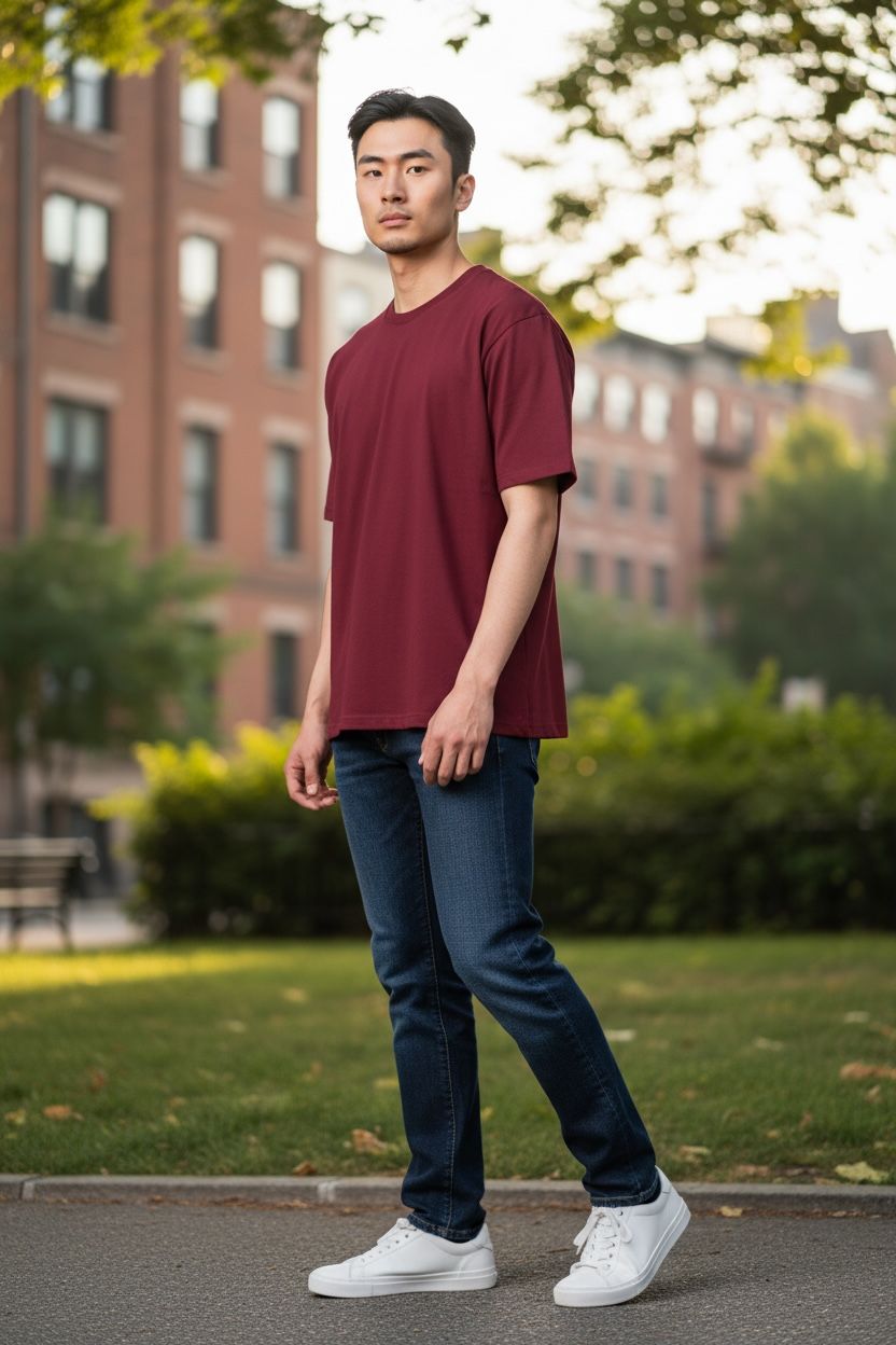 Man wearing a maroon t-shirt and blue jeans standing in a park with buildings in the background