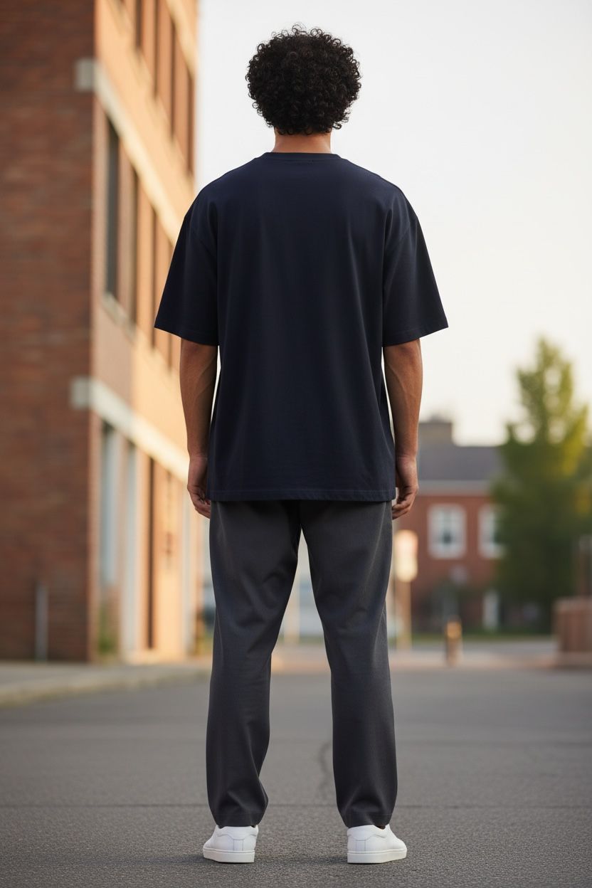 Person wearing a navy blue t-shirt and dark pants standing on a street with a building in the background.