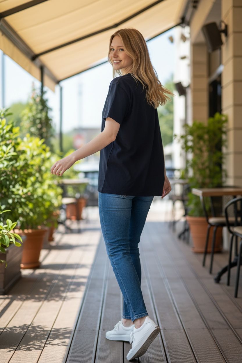 Woman in a black t-shirt and blue jeans standing on a wooden deck with plants and outdoor furniture in the background.