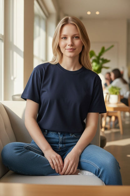 Woman sitting on a couch wearing a navy blue t-shirt and jeans in a casual indoor setting.