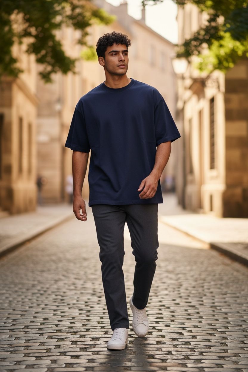 Man walking on a cobblestone street wearing a navy blue t-shirt and dark pants.