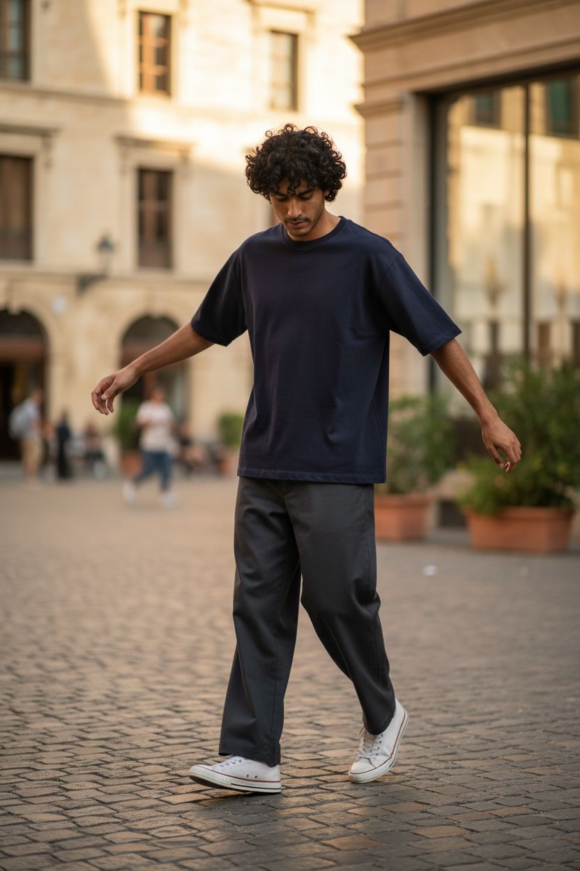 Man in navy t-shirt and dark pants standing on a cobblestone street with buildings in the background