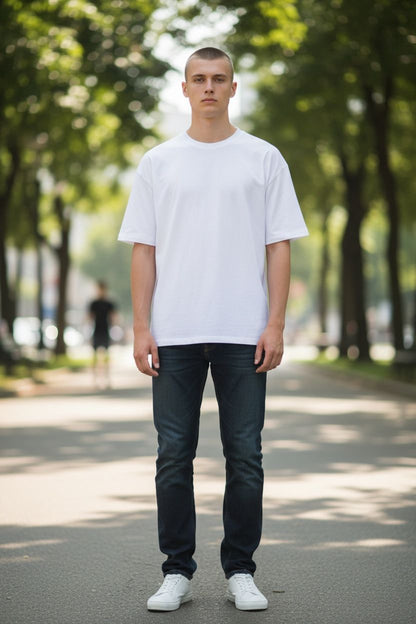 Person wearing a plain white t-shirt and dark jeans standing on a tree-lined street.