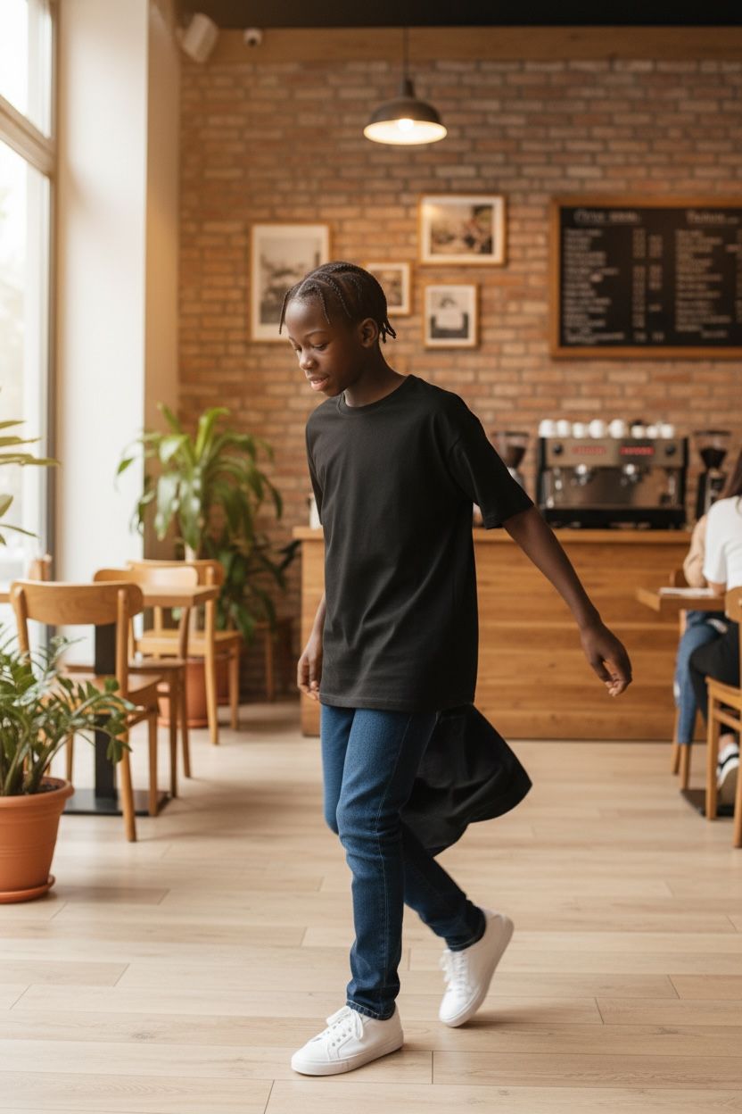 Person walking through a modern cafe with wooden floors and brick walls.