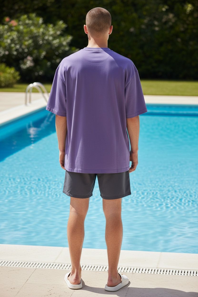 Person wearing a purple shirt and gray shorts standing by a pool.