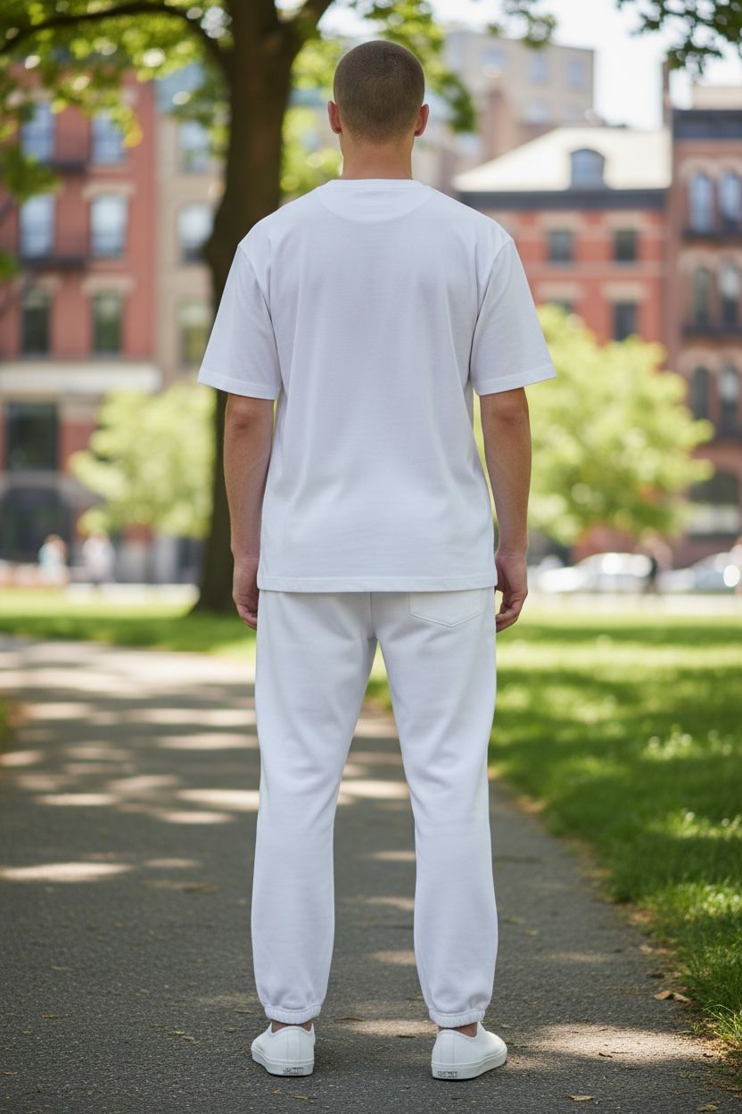 Person wearing a plain white t-shirt and pants walking on a path with trees and buildings in the background