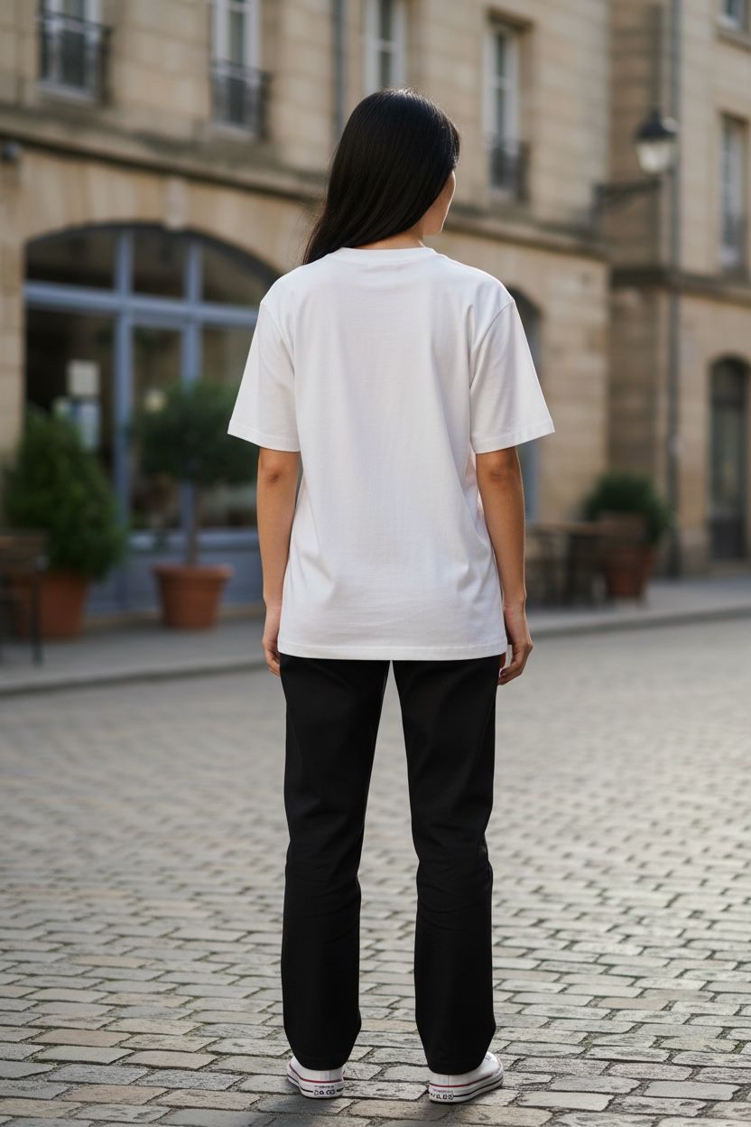 Person wearing a plain white t-shirt and black pants standing on a cobblestone street.