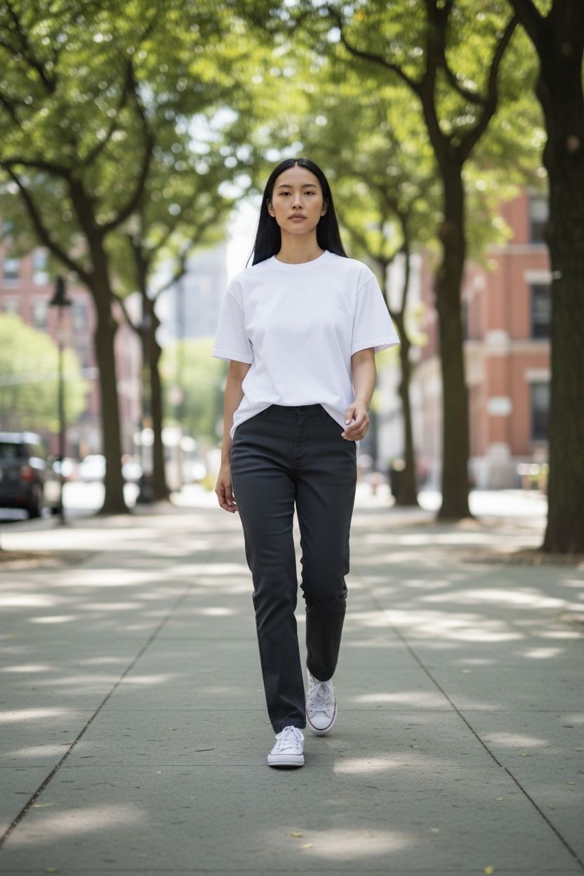 Person walking on a sidewalk with trees and buildings in the background