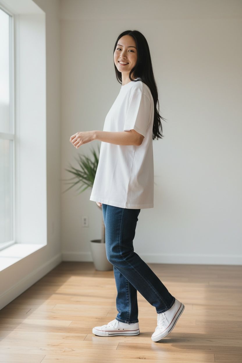 Woman in a white shirt and jeans standing in a bright room with a plant in the background.