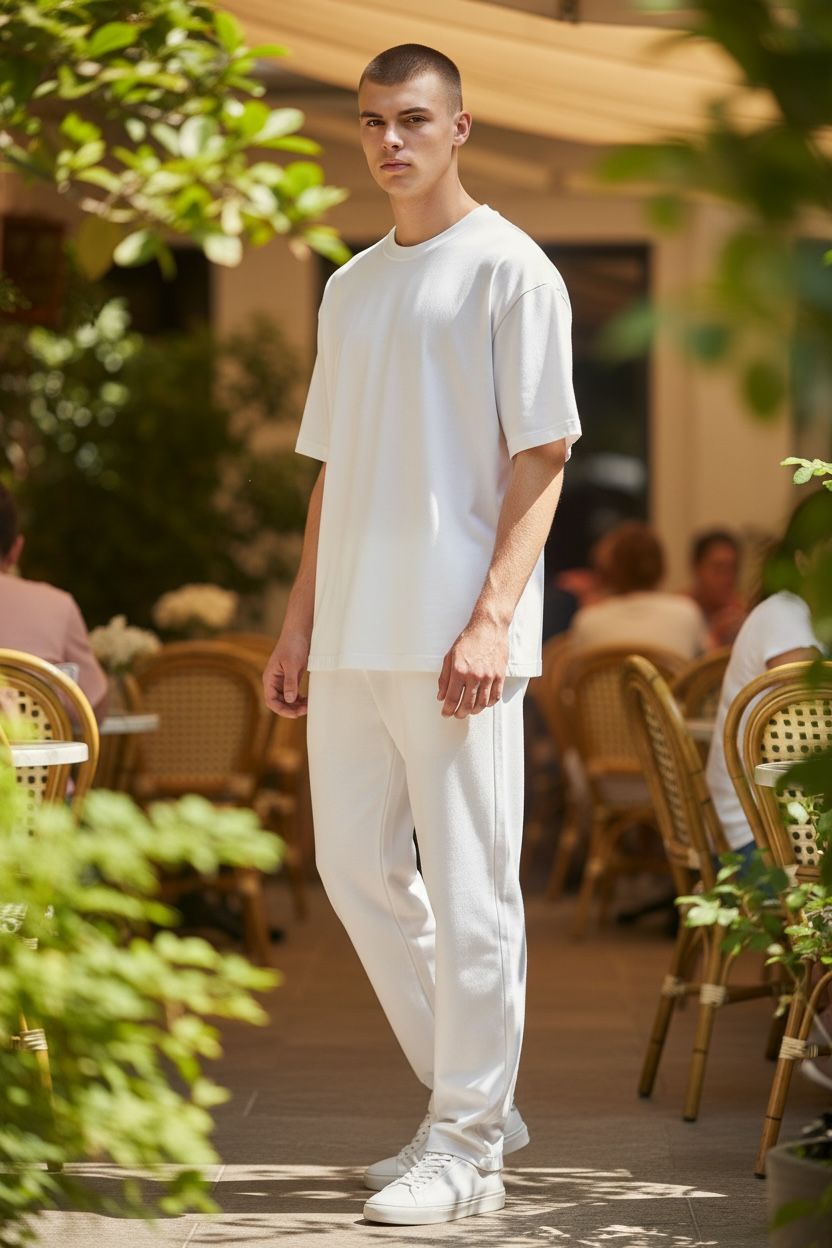 Man in a white outfit standing in an outdoor setting with tables and chairs.